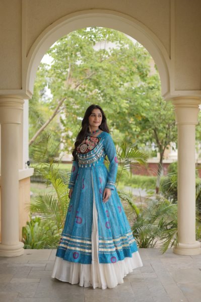 Transformative Sky Blue Full Stitched Kora Cotton Lehenga with 12 Meter Heavy Flair Navratri Lehnega Choli