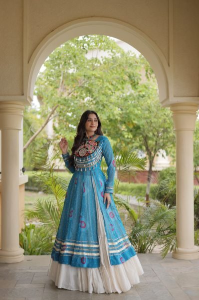 Transformative Sky Blue Full Stitched Kora Cotton Lehenga with 12 Meter Heavy Flair Navratri Lehnega Choli