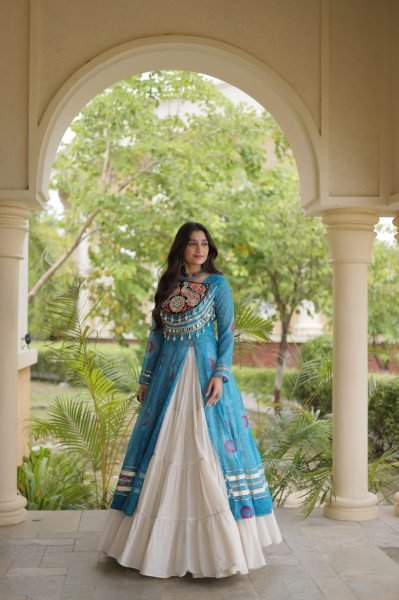 Transformative Sky Blue Full Stitched Kora Cotton Lehenga with 12 Meter Heavy Flair Navratri Lehnega Choli