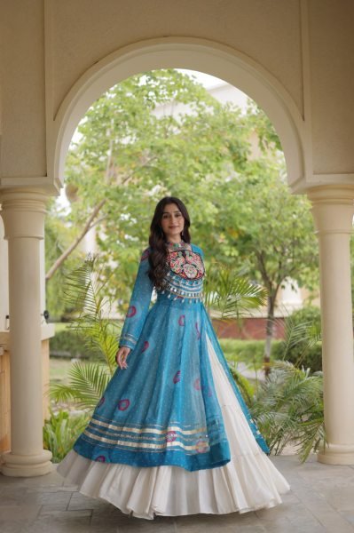 Transformative Sky Blue Full Stitched Kora Cotton Lehenga with 12 Meter Heavy Flair Navratri Lehnega Choli