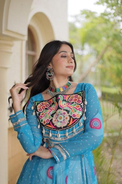 Transformative Sky Blue Full Stitched Kora Cotton Lehenga with 12 Meter Heavy Flair Navratri Lehnega Choli