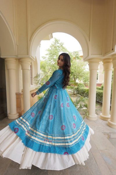 Transformative Sky Blue Full Stitched Kora Cotton Lehenga with 12 Meter Heavy Flair Navratri Lehnega Choli