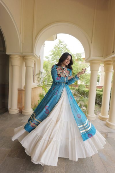 Transformative Sky Blue Full Stitched Kora Cotton Lehenga with 12 Meter Heavy Flair Navratri Lehnega Choli