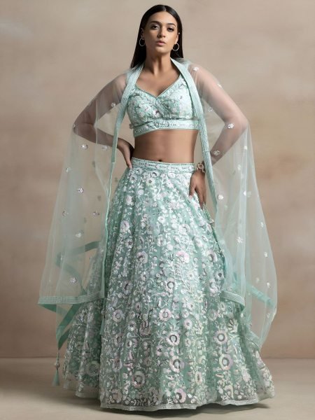 Transformative Sky Blue Soft Net Bridal Lehenga at Manufacturer Rate 