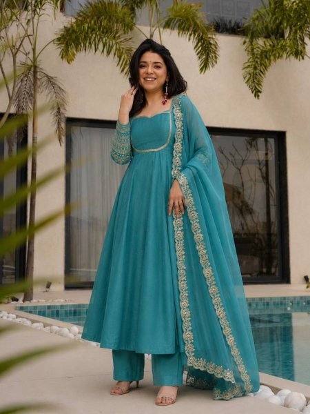 Transformative Teal Blue Anarkali Set With Embroidery Work On Full Sleeves At Affordable Price 