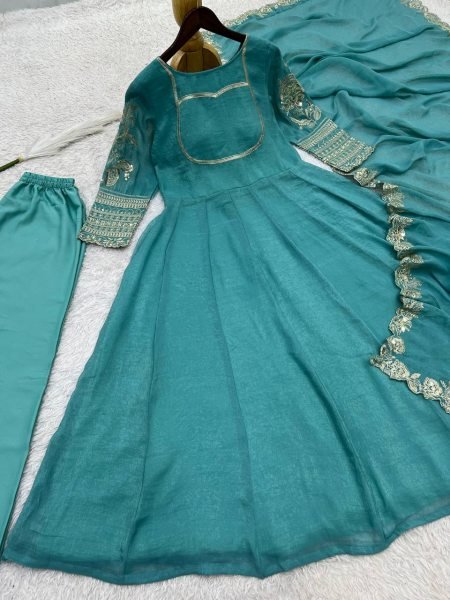 Transformative Teal Blue Anarkali Set With Embroidery Work On Full Sleeves At Affordable Price Ready To Wear Collection