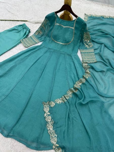 Transformative Teal Blue Anarkali Set With Embroidery Work On Full Sleeves At Affordable Price Ready To Wear Collection
