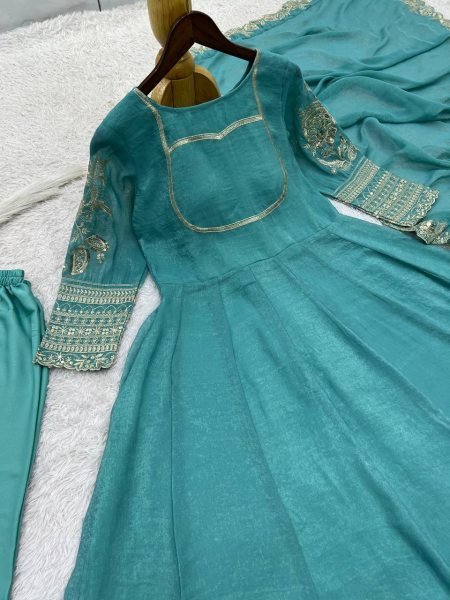 Transformative Teal Blue Anarkali Set With Embroidery Work On Full Sleeves At Affordable Price Ready To Wear Collection