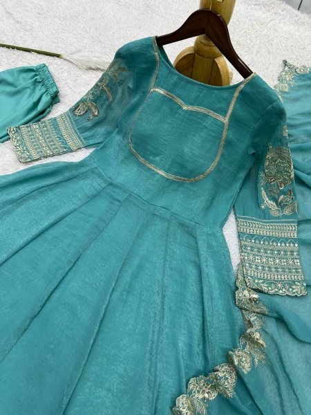 Transformative Teal Blue Anarkali Set With Embroidery Work On Full Sleeves At Affordable Price Ready To Wear Collection