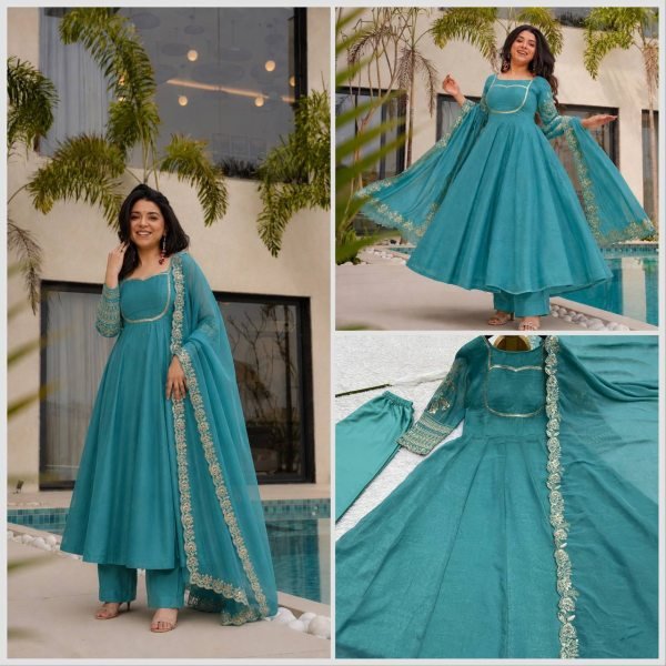 Transformative Teal Blue Anarkali Set With Embroidery Work On Full Sleeves At Affordable Price Ready To Wear Collection