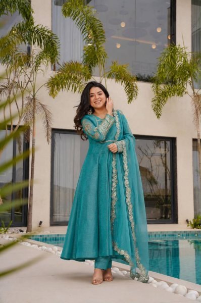 Transformative Teal Blue Anarkali Set With Embroidery Work On Full Sleeves At Affordable Price Ready To Wear Collection