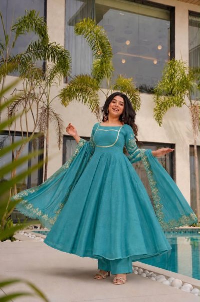 Transformative Teal Blue Anarkali Set With Embroidery Work On Full Sleeves At Affordable Price Ready To Wear Collection