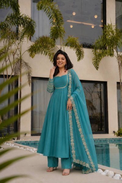Transformative Teal Blue Anarkali Set With Embroidery Work On Full Sleeves At Affordable Price Ready To Wear Collection