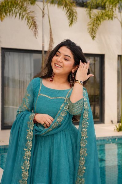 Transformative Teal Blue Anarkali Set With Embroidery Work On Full Sleeves At Affordable Price Ready To Wear Collection