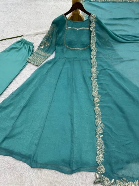 Transformative Teal Blue Anarkali Set With Embroidery Work On Full Sleeves At Affordable Price Ready To Wear Collection
