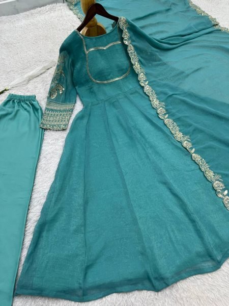 Transformative Teal Blue Anarkali Set With Embroidery Work On Full Sleeves At Affordable Price Ready To Wear Collection