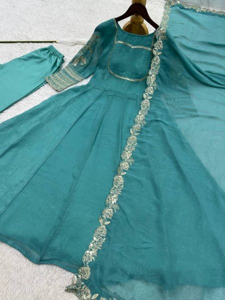 Transformative Teal Blue Anarkali Set With Embroidery Work On Full Sleeves At Affordable Price Ready To Wear Collection