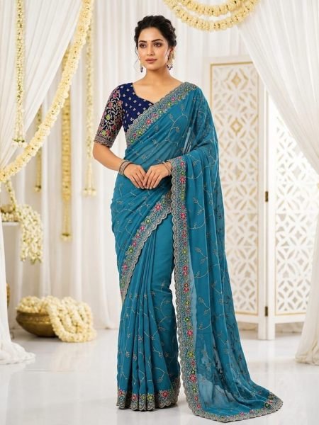 Transformative Teal Blue Designer Georgette Saree with Unstitch Embroidery Blouse 