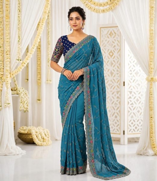 Transformative Teal Blue Designer Georgette Saree with Unstitch Embroidery Blouse Embroidery Sarees Wholesale