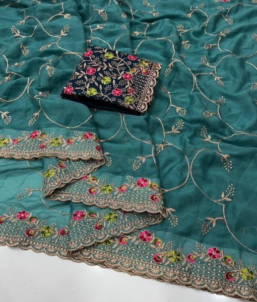 Transformative Teal Blue Designer Georgette Saree with Unstitch Embroidery Blouse Embroidery Sarees Wholesale
