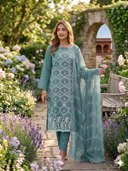 Transformative Teal Blue PV Vichitra Silk Multi Work Suit with Santoon Bottom and Dupatta Dress Material 
