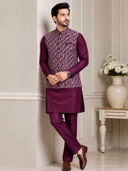 Transformative Wine Ethnic Wear Collection with Silk Kurta and Jacquard Koti 