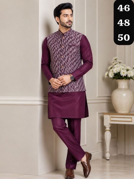 Transformative Wine Ethnic Wear Collection with Silk Kurta and Jacquard Koti Kurta Pajama Wholesale