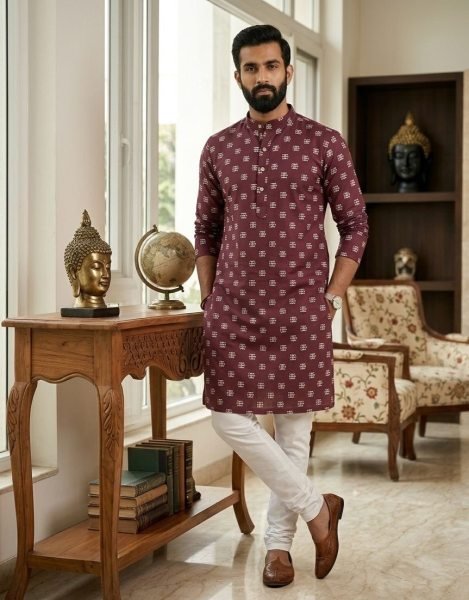 Transformative Wine Heavy Cotton Kurta Pyjama Set for Men at Wholesale Rate Kurta Pajama Wholesale