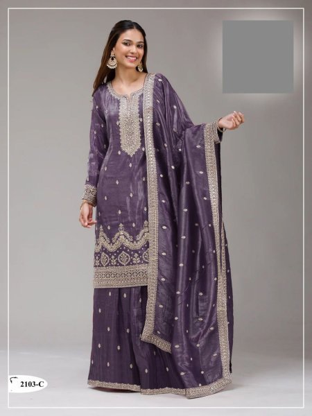 Treasured Lavender Gold Crush Embroidered Top Bottom with Dupatta Set for Festive Wear Salwar Kameez