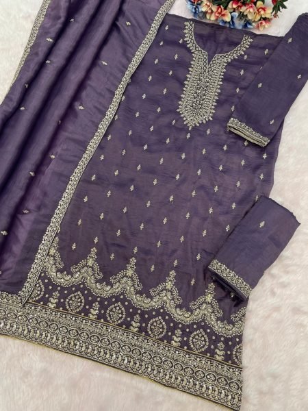 Treasured Lavender Gold Crush Embroidered Top Bottom with Dupatta Set for Festive Wear Designer Plazzo Salwar Suits Wholesale