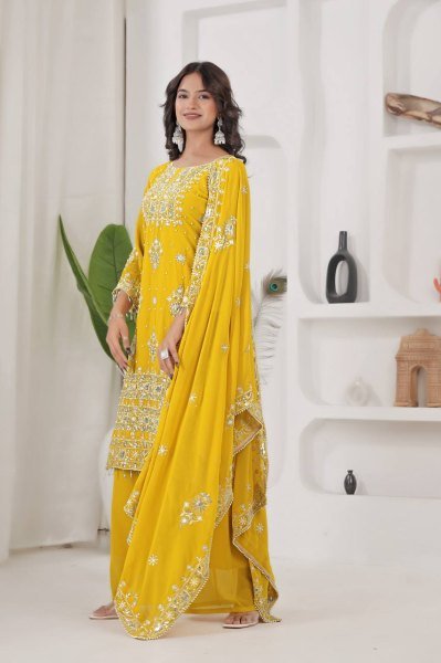 Treasured Lemon Yellow Kurti Plazzo Set with Embroidery Sequence Work for Party Wear Pakistani Suits Wholesale