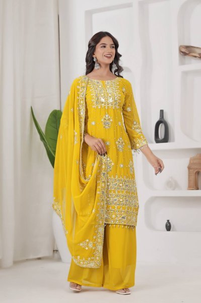 Treasured Lemon Yellow Kurti Plazzo Set with Embroidery Sequence Work for Party Wear Pakistani Suits Wholesale