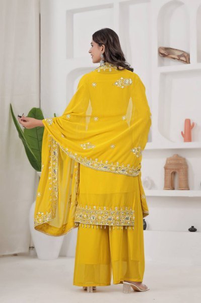 Treasured Lemon Yellow Kurti Plazzo Set with Embroidery Sequence Work for Party Wear Pakistani Suits Wholesale
