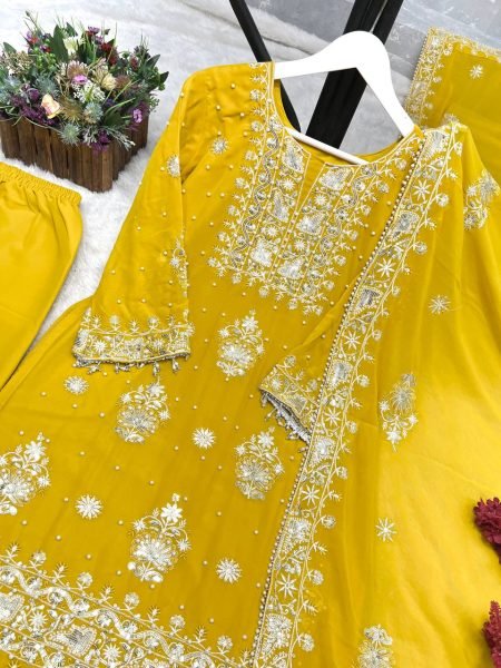Treasured Lemon Yellow Kurti Plazzo Set with Embroidery Sequence Work for Party Wear Pakistani Suits Wholesale