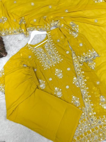 Treasured Lemon Yellow Kurti Plazzo Set with Embroidery Sequence Work for Party Wear Pakistani Suits Wholesale