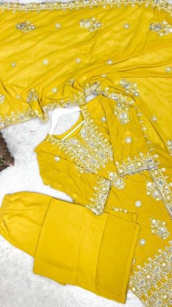 Treasured Lemon Yellow Kurti Plazzo Set with Embroidery Sequence Work for Party Wear Pakistani Suits Wholesale