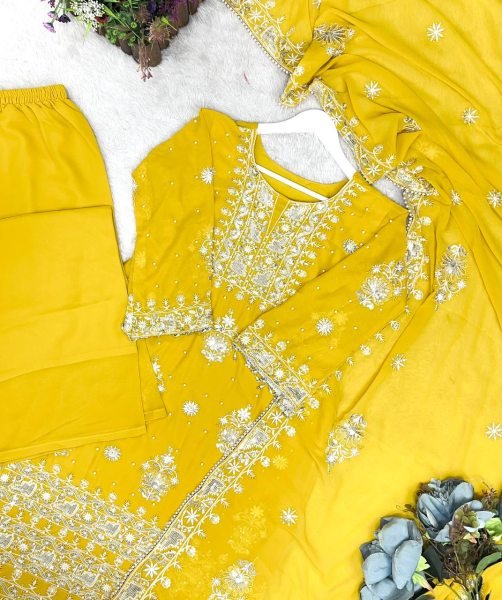 Treasured Lemon Yellow Kurti Plazzo Set with Embroidery Sequence Work for Party Wear Pakistani Suits Wholesale