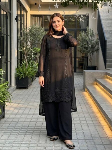 Trend Comfort Black Georgette Beads Embroidered Top With Designer Palazzo And Fancy Four Side Lace Dupatta Ready To Wear Suit