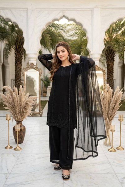 Trend Comfort Black Georgette Beads Embroidered Top With Designer Palazzo And Fancy Four Side Lace Dupatta Ready To Wear Collection