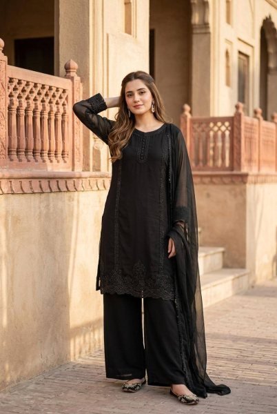 Trend Comfort Black Georgette Beads Embroidered Top With Designer Palazzo And Fancy Four Side Lace Dupatta Ready To Wear Collection