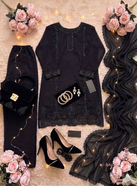 Trend Comfort Black Georgette Beads Embroidered Top With Designer Palazzo And Fancy Four Side Lace Dupatta Ready To Wear Collection