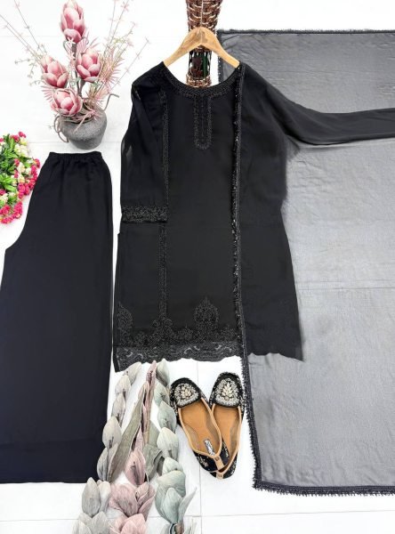 Trend Comfort Black Georgette Beads Embroidered Top With Designer Palazzo And Fancy Four Side Lace Dupatta Ready To Wear Collection