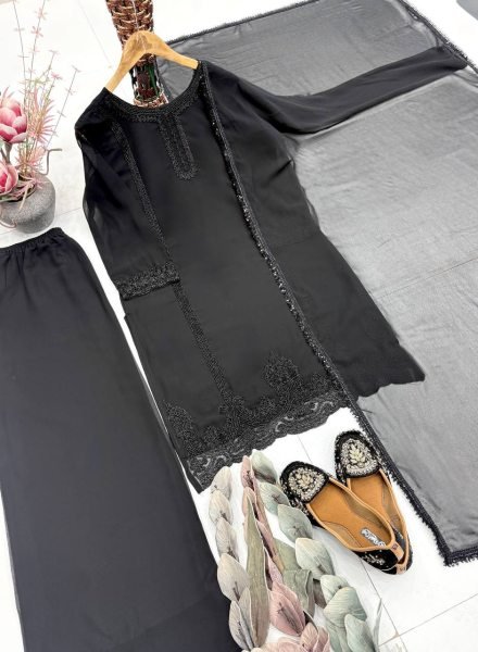Trend Comfort Black Georgette Beads Embroidered Top With Designer Palazzo And Fancy Four Side Lace Dupatta Ready To Wear Collection
