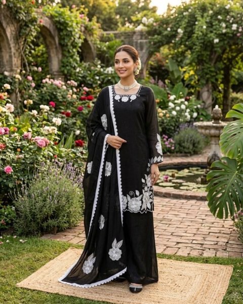 Trend Ready Black Embroidered Top Farshi Pant Set with Lace Dupatta