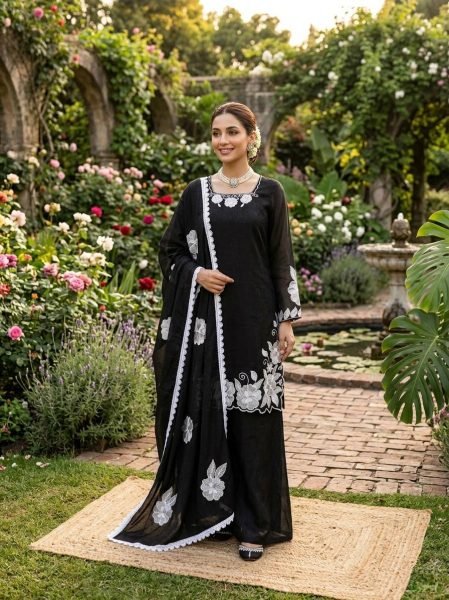 Trend Ready Black Embroidered Top Farshi Pant Set with Lace Dupatta Ready To Wear Collection