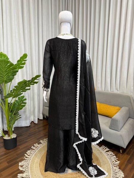 Trend Ready Black Embroidered Top Farshi Pant Set with Lace Dupatta Ready To Wear Collection