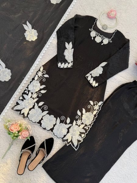Trend Ready Black Embroidered Top Farshi Pant Set with Lace Dupatta Ready To Wear Collection