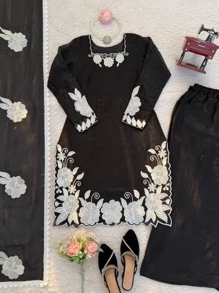 Trend Ready Black Embroidered Top Farshi Pant Set with Lace Dupatta Ready To Wear Collection