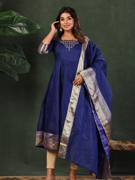 Trending Blue Cotton Gown with Jacquard Work and Dupatta for Festive Wear Embroidery Kurtis 