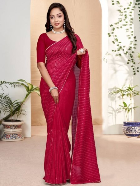 Trending Cherry Red Sequins Saree with Designer Lace Border for Festive Wear Embroidery Sarees Wholesale